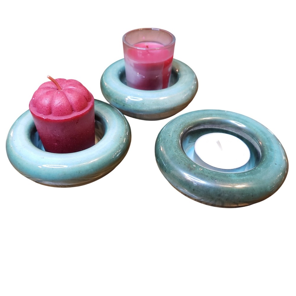 Set‎ of 3 Teal Blue Glazed Ceramic Donut Candle Holders Votive Tea Light Holders - Picture 4 of 4